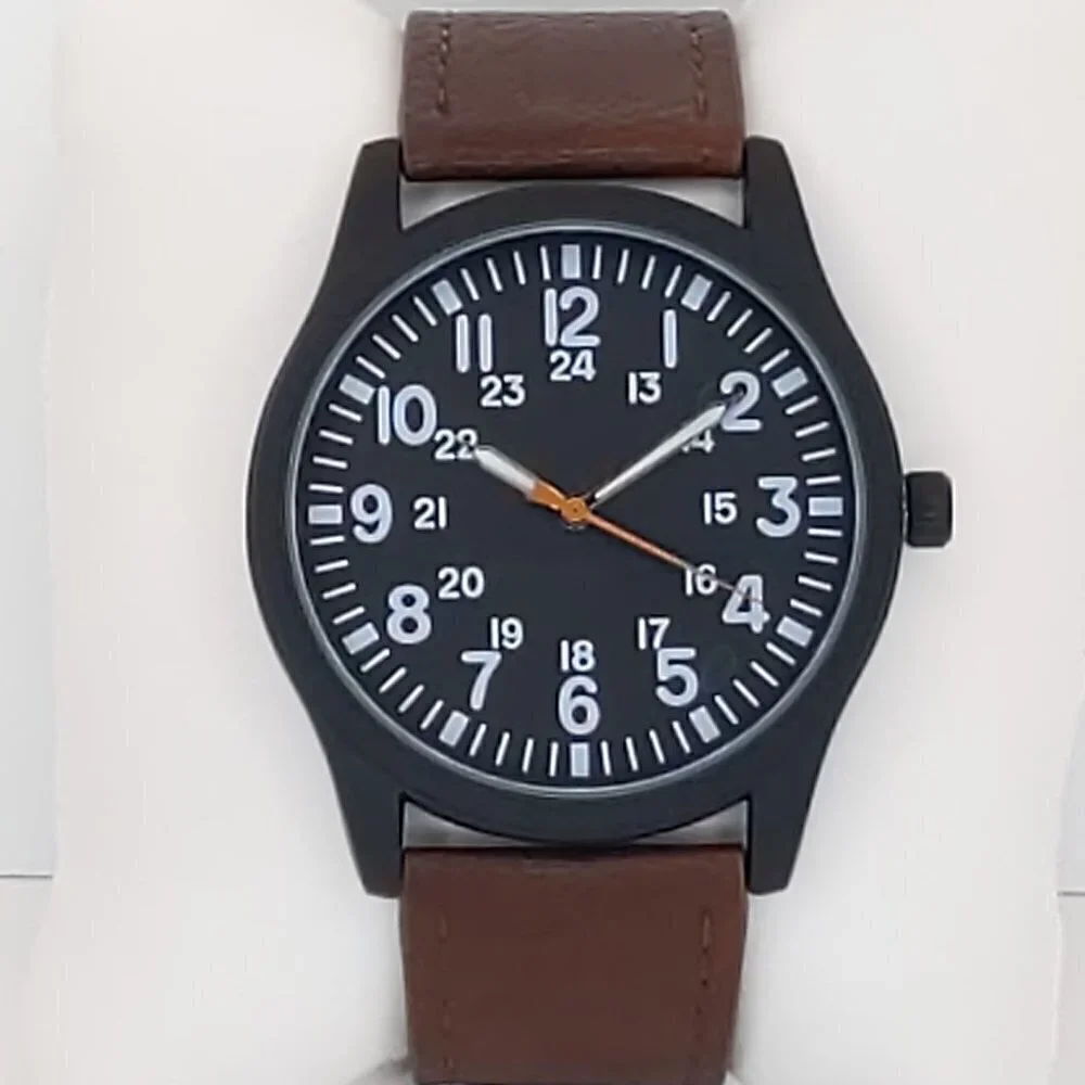 Men's Quartz Field Watch Black Case Brown Leather Strap 42mm